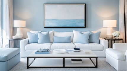 White Sofa with Blue Pillows and a Coastal-Inspired Artwork in a Light Blue Room