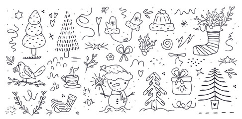 Fir tree, stars, dots, snow,  line drawing,  black symbols. Holiday design elements are isolated on white background. Simple shape conceptfor winter season card, for  party poster, banner, print. png 