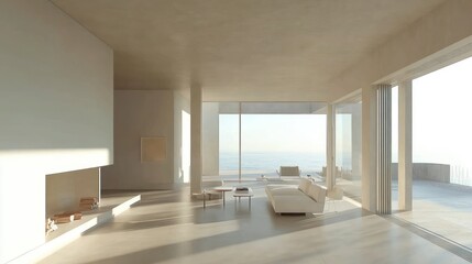 Fototapeta premium Minimalist living room with large windows overlooking the ocean.