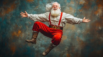 Santa Claus in a playful pose with suspenders over red trousers and cool boots plain background enhances his lively look