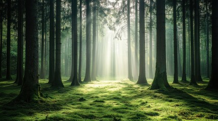 Obraz premium Sunbeams illuminate a misty forest path, creating a serene and magical atmosphere.