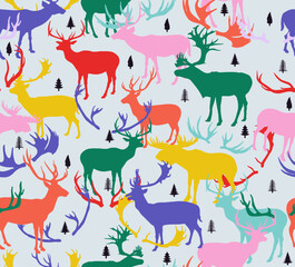 Seamless pattern Christmas with colored reindeer background. Pattern with reindeer, winter greetings, wrapping paper, pattern fills, web page background. Template Christmas and New Year greeting cards