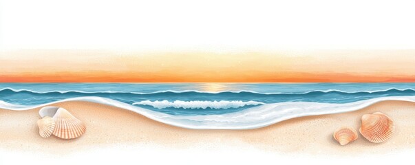 Fototapeta premium Quiet beach with gentle waves and seashells in the sand, soft pastel sunset symbolizing peace and reflection