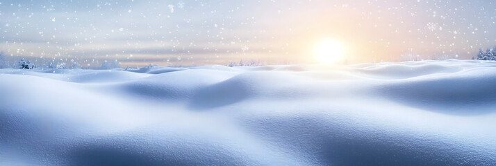 Fototapeta premium Winter snow background with snowdrifts, with beautiful light and snow flakes on the blue sky in the evening, banner format, copy space.