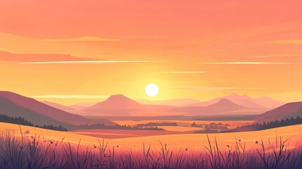 Obraz premium Sunset over nature, illustrating a vibrant sunset casting orange hues over mountains and fields, flat style