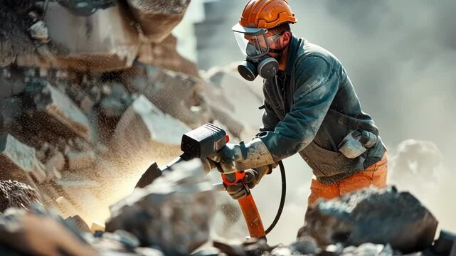A worker is seen wearing protective glasses and a face mask while using a jackhammer to break apart rocks following proper safety measures to avoid dust and debris inhalation.