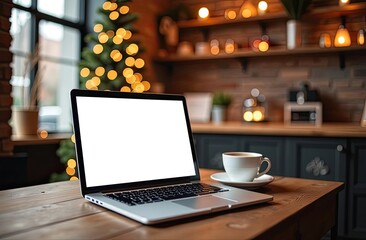 Fototapeta premium Laptop with a white screen mock up on table in the cozy cafe in loft style with a cup of coffee, home office of Christmas decor.