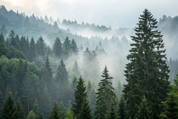 Fototapeta premium Dense fir forest with misty fog covering the landscape, serene environment, woodland scenery