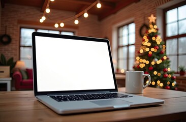 Laptop with a white screen mock up on table in the cozy cafe in loft style with a cup of coffee, home office of Christmas decor.