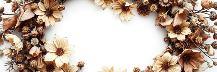 Distressed floral wreath with a mix of dead and dying flowers in shades of brown and beige, foliage, distressed, stems