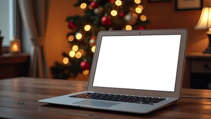 Laptop with a white screen mock up on table in the cozy home office of Christmas decor in loft style. 