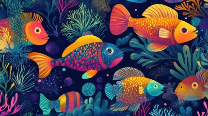 Fototapeta premium Tropical fish illustration, depicting exotic fish with vibrant patterns swimming near corals, bright and colorful