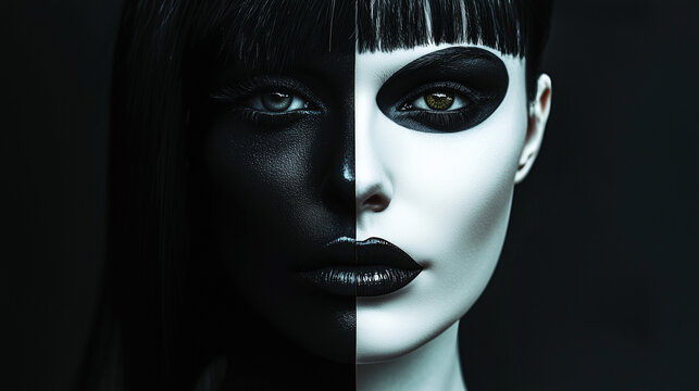 Striking portrait of a woman with half-dark and half-light makeup, emphasizing contrast and symmetry