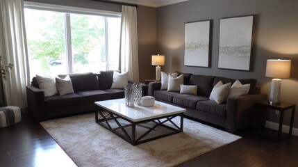Modern living room interior with brown couch, coffee table, and rug.
