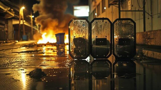 Amid chaotic riot at night, police shields stand on wet street with fiery blaze in background, reflecting ongoing conflict between officers and protesters