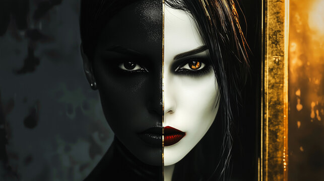 Striking portrait of a woman with half-dark, half-light makeup, intense stare, golden reflections