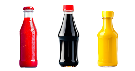 Glass bottle of red ketchup, mustard and soy sauce isolated on white transparent background. Concept of food, condiments, and culinary ingredients