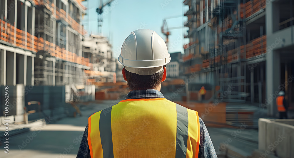 Wall mural Construction manager inspecting building site on a sunny day, wearing hardhat and safety vest