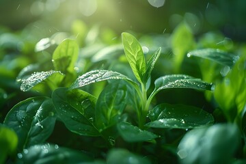 Lush Green Leaves Glistening with Dew in a Sunlit Garden