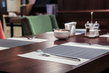 Restaurant interior with table in foreground