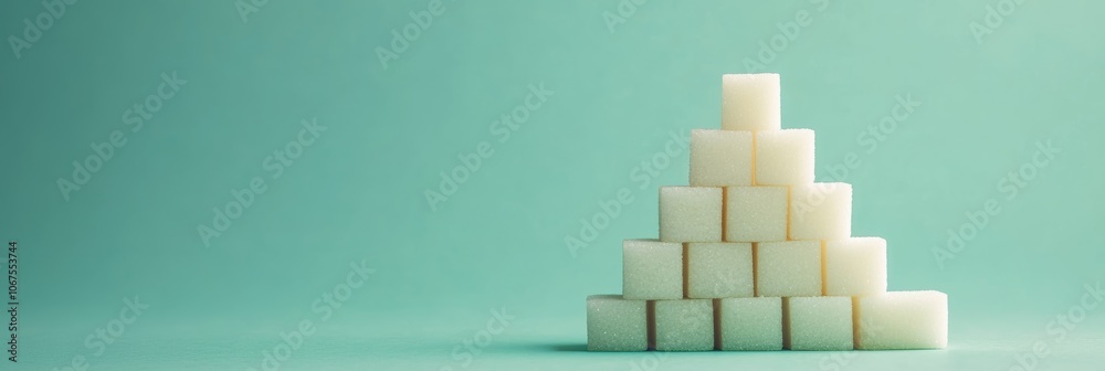 Poster white sugar cubes forming a pyramid on a turquoise background symbolize increasing sugar consumption