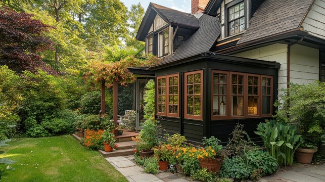 A charming sunroom addition to a classic home with a stone walkway leading to the entrance, surrounded by lush greenery and potted plants.