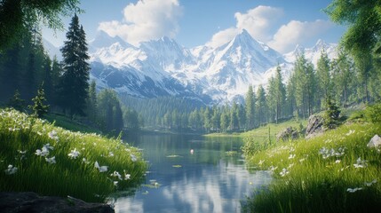 A serene mountain lake with snow-capped peaks in the background, surrounded by lush greenery and wildflowers.