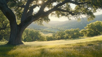 A large oak tree stands tall in a field with rolling hills and a sunset in the background.