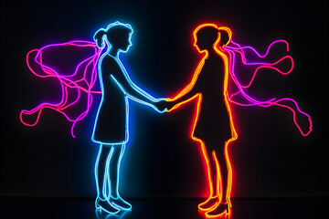 Neon silhouette of handshake symbolizing conflict resolution isolated on black background.