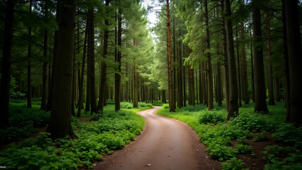 Obraz premium Winding path through a lush green forest filled with tall trees during a bright, overcast day, inviting exploration and tranquility in nature's beauty