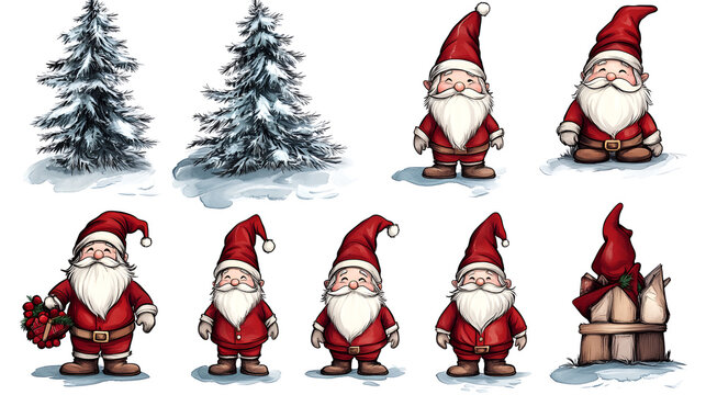 Charming cartoon Santa Claus illustrations with festive poses and snowy trees