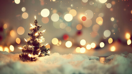 christmas tree with lights blurred background with snow 