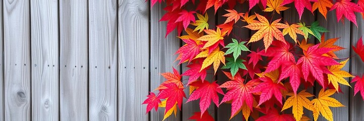 The vibrant colors of maple leaves contrast against the muted tones of a wooden fence, maple leaf colors, cozy atmosphere, rustic charm