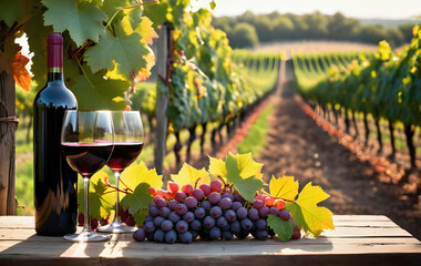Naklejka premium Red Wine and Fresh Grapes in Vineyard: Romantic vineyard setting with a bottle of red wine, two glasses, and fresh grapes on a wooden table, rolling hills create perfect wine country backdrop.