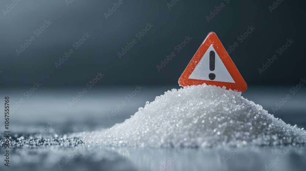 Poster close up studio shot of warning sign on a pile of sugar, highlighting health risks of high sugar int