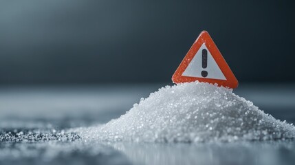 Close up studio shot of warning sign on a pile of sugar, highlighting health risks of high sugar intake and promoting low sugar lifestyle awareness