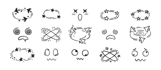 Dizzy effect drawing hand drawn doodle cartoon set. dizzy faces, birds and stars overhead emotions drawing.