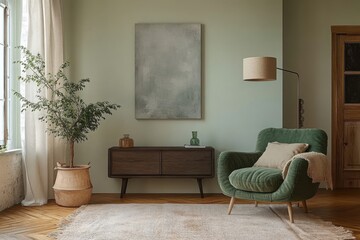 Earthy tones and simple elegance. An inviting corner with a soft chair and minimal decor, offering a cozy space for relaxation and comfort.