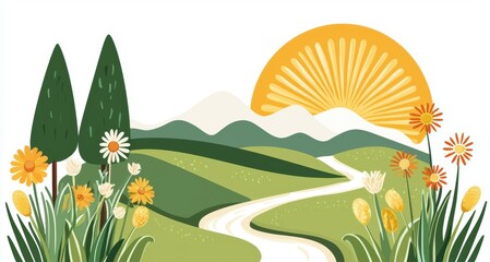 Fototapeta premium Lush green valley with a winding river, wildflowers in bloom, under a soft golden sunrise, symbolizing natural beauty and serenity
