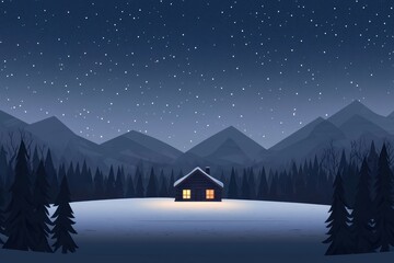 Fototapeta premium Lonely cabin in the woods under a starry sky, soft glow from the windows creating a sense of warmth and isolation