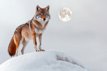 Fototapeta premium Majestic wolf standing on a snowy hill under a full moon, symbolizing strength, mystery, and the beauty of the wild