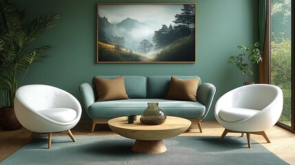 Cozy Scandinavian living room with an ellipse table, two chairs, and a mint sofa against a light green wall with art.