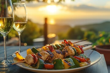 Grilled vegetable and chicken skewers on a plate with a glass of white wine, set against a sunset view, creating a relaxed and romantic dining atmosphere
