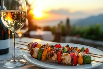 Grilled vegetable and chicken skewers on a plate with a glass of white wine, set against a beautiful sunset view, creating a relaxed and romantic dining atmosphere