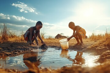 Two children collecting water from a small, reflective pool in a dry rural landscape under bright sunlight, symbolizing resilience and resourcefulness