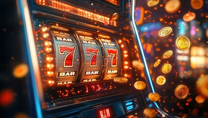 Abstract casino slot machine background. Colourful online casino banner 777 big winning symbol of gold jackpot, casino bar celebration light graphic. Entertainment leisure concept 3d digital artwork.