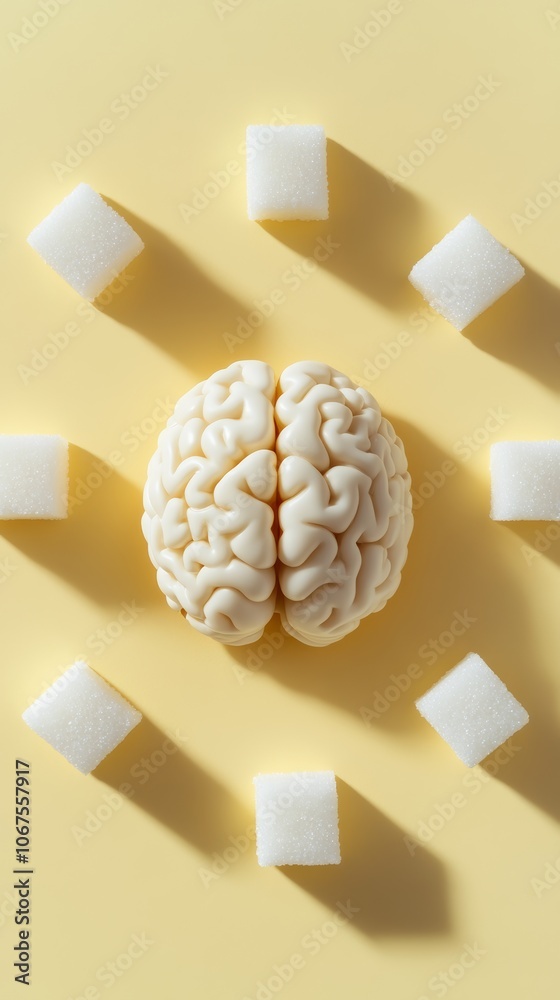 Poster eight sugar cubes are surrounding a plastic anatomical model of a human brain placed on a yellow bac
