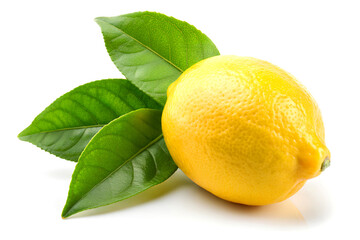 Lemon with green leaves isolated on white background. Clipping path.
