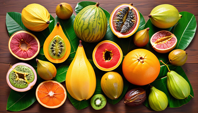 Exotic tropical fruits include vector pittaya, carambola, and feijoa, as well as orange, tamarillo, guava, grapefruit, figs, and papaya._00001_