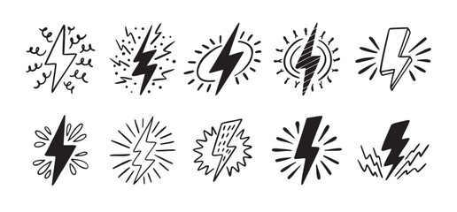 Hand drawn doodle electric lightning symbol sketch set. sparkling emblem. thunder single icons